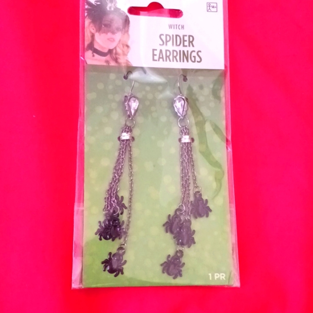 Two pairs  spider earrings with rhinestone accents at the top and little spiders